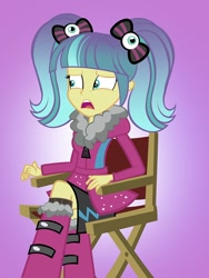 Size: 752x1000 | Tagged: safe, artist:pixelkitties, my little pony:equestria girls, boots, bow, chair, clothing, coat, crossed legs, eyeball, female, hair bow, halloween, holiday, pigtails, pixel pizazz, shoes, sitting, skirt, solo, worried