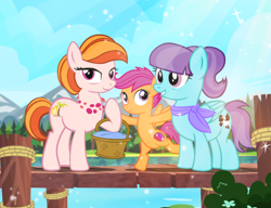 Size: 1000x769 | Tagged: safe, artist:pixelkitties, character:aunt holiday, character:auntie lofty, character:scootaloo, species:earth pony, species:pegasus, species:pony, ship:lofty day, artist interpretation, ascot, aunt and niece, basket, couple, cute, cutie mark, family, female, filly, lesbian, pier, ponyville mysteries, riddle of the rusty horseshoe, scootalove, shipping, smiling, the cmc's cutie marks, water