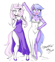 Size: 2440x2752 | Tagged: safe, artist:danmakuman, character:fleur-de-lis, oc, oc:shining star, species:anthro, species:earth pony, species:pony, species:unguligrade anthro, species:unicorn, adorasexy, armpits, blushing, breasts, busty fleur-de-lis, cleavage, clothing, crossed legs, curvy, cute, dress, eyelashes, eyeshadow, fanfic, fanfic art, female, fleurabetes, glasses, hand on hip, high heels, hoof shoes, legs, makeup, mare, meganekko, miss fleur is trying to seduce us, ocbetes, open mouth, sexy, shoes, side slit, simple background, the model's secretary, thighs, white background, white dress, wide hips
