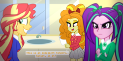 Size: 1024x512 | Tagged: safe, artist:wubcakeva, character:adagio dazzle, character:aria blaze, character:sunset shimmer, equestria girls:rainbow rocks, g4, my little pony: equestria girls, my little pony:equestria girls, bathroom, clothing, crossover, dialogue, grin, heathers, nervous, nervous grin, school uniform, smiling, the dazzlings
