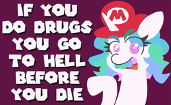 Size: 1133x698 | Tagged: safe, artist:threetwotwo32232, character:princess celestia, species:alicorn, species:pony, bust, captain lou albano, dialogue, dic, drugs, female, looking at you, mario hat, nintendo, parody, public service announcement, purple background, simple background, solo, super mario bros., super mario bros. super show, wat