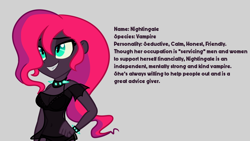 Size: 900x506 | Tagged: safe, artist:wubcakeva, oc, oc only, oc:nightingale, my little pony:equestria girls, clothing, equestria girls-ified, female, not tempest shadow, see-through, simple background, smiling, solo, vampire