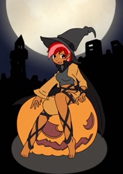Size: 850x1200 | Tagged: safe, artist:linedraweer, oc, oc only, oc:collar bound, my little pony:equestria girls, clothing, equestria girls-ified, full moon, graveyard, halloween, halloween costume, hat, holiday, jack-o-lantern, moon, pumpkin, sitting, solo, witch, witch hat