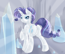 Size: 1744x1460 | Tagged: safe, artist:ratofdrawn, character:rarity, species:crystal pony, species:pony, species:unicorn, butt, crystal rarity, crystallized, featureless crotch, female, looking at you, looking back, looking back at you, plot, solo
