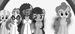 Size: 1200x540 | Tagged: safe, artist:dashiesparkle, artist:grapefruitface1, artist:kittyhawk-contrail, artist:zacatron94, character:dj pon-3, character:lyra heartstrings, character:octavia melody, character:pinkie pie, character:vinyl scratch, oc, oc:electric light, species:earth pony, species:pegasus, species:pony, species:unicorn, background pony, band, black and white, electric light orchestra, elo, equestria light orchestra, female, grayscale, group photo, jeff lynne, male, mare, monochrome, musician, ponified, stallion, sunglasses