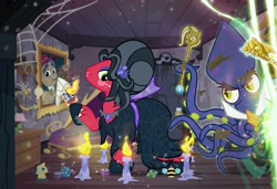 Size: 1000x684 | Tagged: safe, artist:pixelkitties, character:big mcintosh, character:discord, character:trixie, character:twilight sparkle, species:earth pony, species:pony, bee, bouquet, bust, candle, chess piece, clothing, costume, crossdressing, dark room, dice, discord lamp, elvira, halloween, holiday, male, nightmare night, orchard blossom, parody, peter new, pixelkitties' brilliant autograph media artwork, portrait, scepter, showtime, squid, squizard, stallion, trixie scepter, twilight scepter