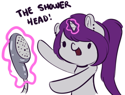 Size: 3625x2755 | Tagged: safe, artist:wickedsilly, oc, oc only, oc:wicked silly, ponysona, species:pony, species:unicorn, dialogue, female, glowing horn, magic, mare, shower head, simple background, smiling, solo, suggestive source, telekinesis, white background