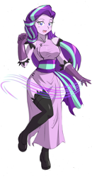 Size: 1551x2991 | Tagged: safe, artist:danmakuman, character:starlight glimmer, my little pony:equestria girls, breasts, busty starlight glimmer, cheongsam, clothing, commission, female, gloves, looking at you, open mouth, raised leg, simple background, smiling, solo, stockings, thigh highs, white background