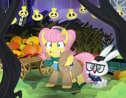 Size: 1000x784 | Tagged: safe, artist:pixelkitties, character:angel bunny, character:fluttershy, species:pegasus, species:pony, alternate hairstyle, barbra blair, clothing, cosplay, costume, crossover, duo, female, frightened, glasses, halloween, holiday, johnny blair, necktie, night, night of the living dead, night sky, nightmare night, nightmare night costume, open mouth, pumpkin, scared, sky, smoke, stars, wagon