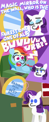 Size: 445x1115 | Tagged: safe, artist:threetwotwo32232, character:rainbow dash, character:rarity, species:pegasus, species:pony, species:unicorn, best pony, burp, comic, dialogue, dumpster, female, levitation, magic, mare, mirror, remote, snow white, soda can, telekinesis