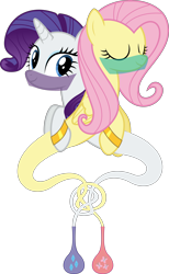 Size: 6400x10356 | Tagged: safe, artist:parclytaxel, character:fluttershy, character:rarity, species:pegasus, species:pony, species:unicorn, ship:rarishy, .svg available, absurd resolution, ain't never had friends like us, armband, ask generous genie rarity, bottle, eyes closed, female, genie, genie pony, knot, lesbian, mare, shipping, simple background, smiling, transparent background, vector, veil