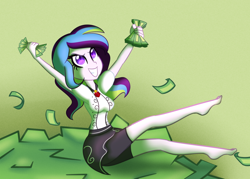 Size: 900x643 | Tagged: safe, artist:wubcakeva, oc, oc only, oc:muse, my little pony:equestria girls, barefoot, clothing, compression shorts, dollar, equestria girls-ified, feet, female, gem, greed, money, siren gem, skirt, skirt lift, smiling, solo