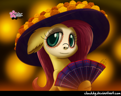 Size: 1258x1000 | Tagged: safe, artist:clouddg, character:fluttershy, species:pegasus, species:pony, bust, cempasúchil, clothing, dia de los muertos, eyelashes, face paint, fan, female, floppy ears, folding fan, hat, hoof hold, looking at you, looking sideways, mare, portrait, signature, solo