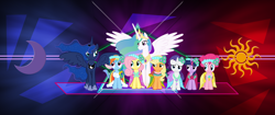Size: 3440x1440 | Tagged: safe, artist:laszlvfx, artist:proenix, edit, character:applejack, character:fluttershy, character:pinkie pie, character:princess celestia, character:princess luna, character:rainbow dash, character:rarity, character:twilight sparkle, species:pony, female, mane six, mare, royal sisters, wallpaper, wallpaper edit