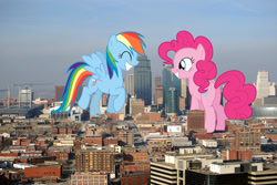 Size: 1936x1296 | Tagged: safe, artist:dashiesparkle, artist:slb94, artist:theotterpony, character:rainbow dash, species:pony, giant pony, giant rainbow dash, happy, irl, kansas city, macro, mega/giant rainbow dash, photo, plot, ponies in real life, story included