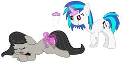 Size: 6900x3525 | Tagged: safe, artist:djdavid98, character:dj pon-3, character:octavia melody, character:vinyl scratch, species:earth pony, species:pony, species:unicorn, absurd resolution, bow, bow tie, cutie mark, eyes closed, female, floppy ears, glowing horn, hooves, horn, levitation, lying down, magic, mare, open mouth, prank, prone, raised hoof, simple background, sleeping, tail bow, telekinesis, tongue out, transparent background, vector