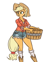 Size: 726x1000 | Tagged: safe, artist:king-kakapo, character:applejack, species:anthro, species:earth pony, species:pony, alternate hairstyle, applebucking thighs, applejack's hat, boots, bucket, clothing, cowboy hat, daisy dukes, female, flat colors, freckles, hat, mare, pixie cut, plaid shirt, shirt, shoes, short hair, shorts, simple background, smiling, socks, solo, white background