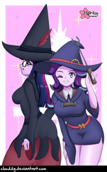 Size: 620x1000 | Tagged: safe, artist:clouddg, character:starlight glimmer, character:twilight sparkle, character:twilight sparkle (alicorn), my little pony:equestria girls, belt, breasts, busty starlight glimmer, clothing, cute, dress, duo, glasses, hat, little witch academia, looking at you, one eye closed, side slit, skirt, thighs, twilight's professional glasses, wink, witch, witch hat
