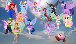 Size: 3588x2074 | Tagged: safe, artist:dashiesparkle, artist:luckreza8, artist:user15432, character:fluttershy, character:rainbow dash, character:twilight sparkle, character:twilight sparkle (alicorn), species:alicorn, species:human, species:pegasus, species:pony, aisha, bloom (winx club), blue sky, butterflix, cloud, crossover, dark pit, dragonfly wings, fairies, fairies are magic, fairy, fairy wings, flora (winx club), flying, humanized, irl, kid icarus, kid icarus: uprising, kirby, kirby (character), layla, luigi, maridash, mario, mario & luigi, musa, my little pony, nintendo, photo, pit (kid icarus), rainbow s.r.l, roxy (winx club), stella (winx club), sunlight, super mario bros., super smash bros., tecna, winged humanization, wings, winx, winx club