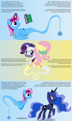 Size: 4096x6912 | Tagged: safe, artist:parclytaxel, character:fluttershy, character:princess luna, character:rarity, oc, oc:parcly taxel, species:alicorn, species:pegasus, species:pony, species:unicorn, ship:rarishy, .svg available, absurd resolution, ain't never had friends like us, albumin flask, alicorn oc, armband, ask, ask generous genie rarity, bilingual, book, bottle, comic, eyes closed, female, french, genie, genie pony, gradient background, horn ring, knot, lesbian, levitation, looking back, lying down, magic, mare, mind control, mlem, on back, raised hoof, reading, silly, silly pony, smiling, telekinesis, tongue out, tumblr, vector, veil