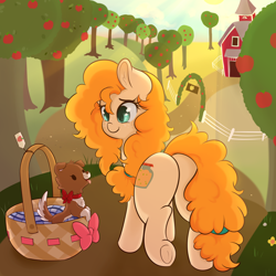 Size: 5000x5000 | Tagged: safe, artist:wickedsilly, character:pear butter, character:winona, species:earth pony, species:pony, episode:the perfect pear, g4, my little pony: friendship is magic, absurd resolution, barn, basket, cute, female, mare, pearabetes, plot, puppy, rear view, smiling, sweet apple acres, tree, underhoof, winonabetes