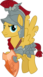 Size: 4817x8538 | Tagged: safe, artist:jhayarr23, character:flash magnus, species:pegasus, species:pony, episode:campfire tales, episode:shadow play, g4, my little pony: friendship is magic, absurd resolution, armor, flying, helmet, looking at you, male, netitus, royal legion, shield, simple background, smiling, solo, stallion, torn wings, transparent background, vector
