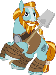 Size: 6030x8071 | Tagged: safe, artist:jhayarr23, character:rockhoof, species:earth pony, species:pony, episode:shadow play, g4, my little pony: friendship is magic, absurd resolution, beard, blaze (coat marking), braid, braided ponytail, facial hair, hoof hold, leather armor, leg wraps, looking at you, male, moustache, rearing, rockhoof's shovel, shovel, simple background, smiling, solo, stallion, transparent background, valknut, vector