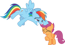 Size: 9192x6400 | Tagged: safe, artist:parclytaxel, character:rainbow dash, character:scootaloo, species:pegasus, species:pony, episode:campfire tales, g4, my little pony: friendship is magic, .svg available, absurd resolution, female, filly, flying, gritted teeth, happy, mare, noogie, scootalove, simple background, smiling, transparent background, vector