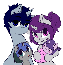 Size: 3792x3877 | Tagged: safe, artist:wickedsilly, oc, oc only, oc:daydream, oc:lullaby, oc:sleepy head, oc:wicked silly, parent:oc:sleepy head, parent:oc:wicked silly, species:pony, species:unicorn, :t, baby, baby pony, blep, blush sticker, blushing, choker, colt, cute, dawwww, ear fluff, ear piercing, eyes closed, family, family photo, female, foal, hoof hold, lidded eyes, looking at you, male, mare, no catchlights, oc x oc, offspring, parents:wickedsleepy, piercing, shipping, simple background, sitting, smiling, stallion, straight, tongue out, white background, wickedsleepy