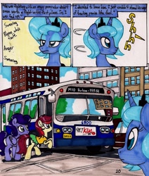 Size: 1374x1621 | Tagged: safe, artist:newyorkx3, character:princess luna, species:pony, comic:young days, bus, comic, dialogue, gm new look, manehattan, s1 luna, traditional art