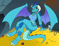 Size: 1280x989 | Tagged: safe, artist:ambris, artist:flawlessvictory20, edit, character:princess ember, species:anthro, species:dragon, bedroom eyes, breasts, busty princess ember, cave, clothing, color edit, colored, dragon hoard, dragon lord ember, female, grin, hoard, jewels, looking at you, smiling, spread wings, treasure, wings