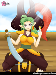 Size: 750x1000 | Tagged: safe, artist:clouddg, character:captain celaeno, species:human, my little pony: the movie (2017), breasts, clothing, cloud, elf ears, female, humanized, looking at you, pirate, ship, smiling, solo, sword, treasure chest, water, weapon