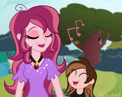Size: 822x655 | Tagged: safe, artist:wubcakeva, oc, oc only, oc:cinnamon, oc:contralto, my little pony:equestria girls, daughter, disguised siren, female, kid, like mother like daughter, mother, mother and daughter, singing, tree