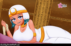 Size: 1216x800 | Tagged: safe, artist:clouddg, character:somnambula, episode:daring done, g4, my little pony:equestria girls, arm under breasts, big breasts, blindfold, breasts, busty somnambula, cleavage, clothing, egyptian, equestria girls-ified, eyeshadow, female, lipstick, looking at you, lying down, makeup, on side, smiling, solo