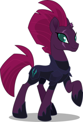 Size: 3418x5000 | Tagged: safe, artist:dashiesparkle, character:tempest shadow, species:pony, species:unicorn, my little pony: the movie (2017), absurd resolution, armor, broken horn, eye scar, female, looking at you, mare, one hoof raised, pretty pretty tempest, raised hoof, scar, simple background, smiling, solo, transparent background, vector, when she smiles