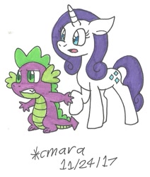 Size: 733x866 | Tagged: safe, artist:cmara, character:rarity, character:spike, species:dragon, ship:sparity, female, male, protecting, shipping, straight, traditional art