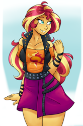 Size: 1996x3020 | Tagged: safe, artist:ambris, character:sunset shimmer, my little pony:equestria girls, beautiful, breasts, busty sunset shimmer, clothing, cute, female, jacket, leather jacket, moe, shirt, simple background, skirt, smiling, solo, thighs