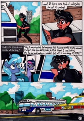 Size: 1381x1993 | Tagged: safe, artist:newyorkx3, character:princess luna, oc, oc:tommy, species:human, comic:young days, bus, car, chevrolet caprice, comic, dialogue, gm new look, manehattan, music notes, s1 luna, taxi, traditional art