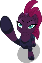 Size: 3349x5000 | Tagged: safe, artist:dashiesparkle, character:tempest shadow, species:pony, species:unicorn, my little pony: the movie (2017), armor, broken horn, eye scar, female, looking up, mare, raised hoof, scar, simple background, smiling, solo, transparent background, vector
