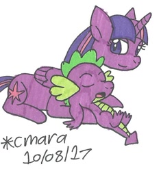 Size: 628x667 | Tagged: safe, artist:cmara, character:spike, character:twilight sparkle, character:twilight sparkle (alicorn), species:alicorn, species:dragon, species:pony, ship:twispike, eyes closed, female, lying down, male, mare, open mouth, shipping, sleeping, smiling, straight, traditional art
