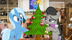 Size: 1920x1080 | Tagged: safe, artist:dashiesparkle, editor:grapefruitface, character:octavia melody, character:trixie, episode:hearth's warming eve, g4, my little pony: friendship is magic, 16:9, 1920x1080, bauble, bust, christmas, christmas star, christmas tree, duo, festive, filter, holiday, irl, photo, portrait, tree, wallpaper
