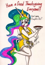 Size: 1207x1722 | Tagged: safe, artist:newyorkx3, character:princess celestia, species:anthro, species:plantigrade anthro, apron, clothing, dialogue, dress, female, high heels, pie, solo, thanksgiving, traditional art