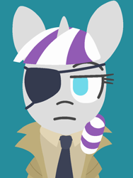 Size: 750x1000 | Tagged: safe, artist:threetwotwo32232, character:twilight velvet, species:pony, species:unicorn, big boss, bust, clothing, coat, eyepatch, female, looking at you, metal gear solid, necktie, parody, portrait, solo