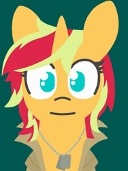 Size: 750x1000 | Tagged: safe, artist:threetwotwo32232, character:sunset shimmer, species:pony, species:unicorn, bust, clothing, coat, dog tags, female, liquid snake, looking at you, metal gear solid, parody, portrait, solo