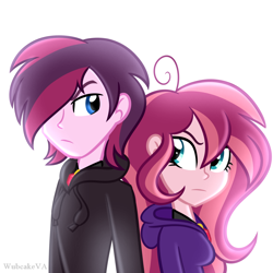 Size: 1024x1024 | Tagged: safe, artist:wubcakeva, oc, oc only, oc:contralto, oc:kai, my little pony:equestria girls, brother and sister, clothing, disguised siren, duo, equestria girls-ified, female, hair over one eye, male, siblings, simple background, white background