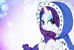 Size: 1000x667 | Tagged: safe, artist:pixelkitties, edit, character:rarity, abstract background, bust, christmas, cloak, clothing, cropped, female, holiday, lidded eyes, looking at you, raised hoof, robe, smiling, solo, winter outfit