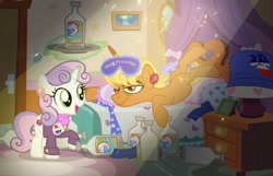 Size: 1036x666 | Tagged: safe, artist:pixelkitties, character:ms. harshwhinny, character:sweetie belle, species:earth pony, species:pony, species:unicorn, alcohol, bagpipes o'toole, bed, female, filly, food, hangover, magic, mare, open mouth, s'mores, scotch, sleep mask, vodka, votehorse, whiskey