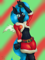Size: 2112x2816 | Tagged: safe, artist:frist44, oc, oc only, oc:rescue pony, species:anthro, species:changeling, belt, blue changeling, blushing, changeling oc, changeling queen, changeling queen oc, christmas, christmas changeling, christmas outfit, clothing, cute, female, holiday, imminent kissing, miniskirt, mistletoe, skirt, solo