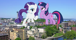 Size: 3264x1754 | Tagged: safe, artist:dashiesparkle, artist:doctor-g, artist:theotterpony, character:rarity, character:twilight sparkle, character:twilight sparkle (alicorn), species:alicorn, species:pony, species:unicorn, female, finland, folded wings, giant pony, highrise ponies, macro, mare, mega rarity, mega twilight sparkle, megalight sparkle, open mouth, raised hoof, story included