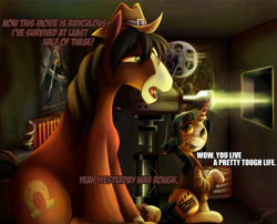 Size: 1250x1008 | Tagged: safe, artist:jamescorck, character:trouble shoes, oc, oc:movie slate, species:earth pony, species:pony, species:unicorn, a million ways to die in the west, cinema, clothing, cowboy hat, dialogue, female, hat, male, mare, movie, movie review, size difference, smiling, stallion, tall, unicorn oc